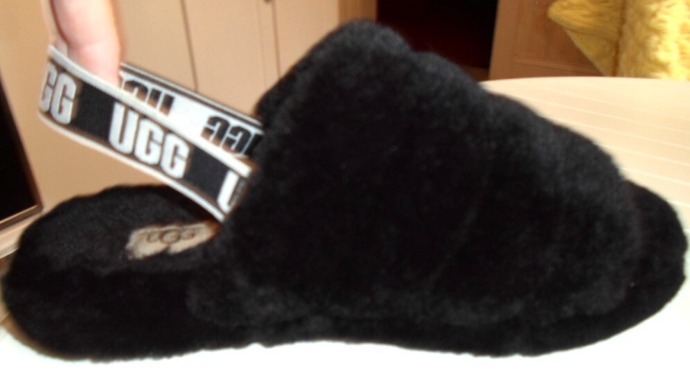 UGG Sz 5 (US) Women's Shearling Slingbacks Black Logo-Strap Rubber