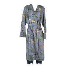 Kimono Kantha Style Handmade Cotton Sleeve Sash 2 Pockets Woman M - L Gray Blue