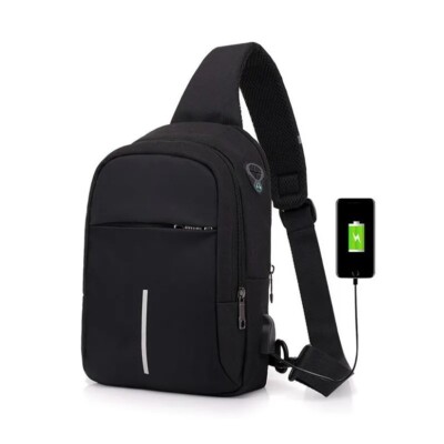 Men's Mono Shoulder Backpack Small Shoulder Bag With USB Business Pouch BLACK