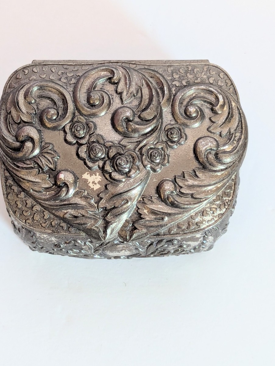 Vtg 1950s Trinket Box Silver Tone Velvet Lined Footed Ornate