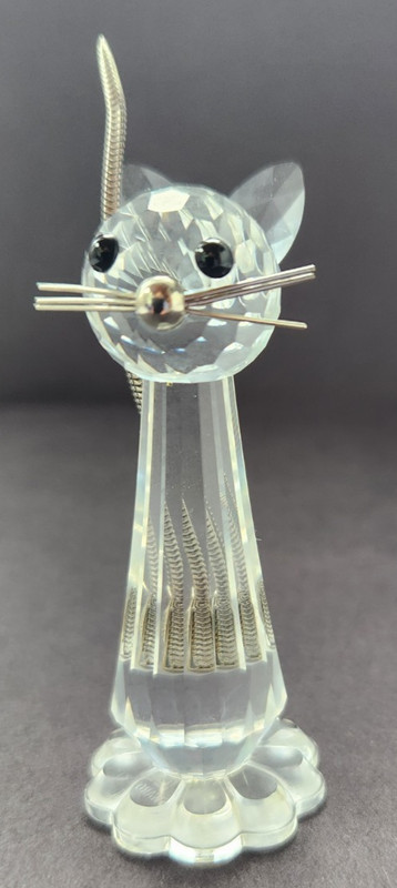 Vintage Swarovski Crystal Cat Figurine-Metal tail & whiskers-Black crystal eyes