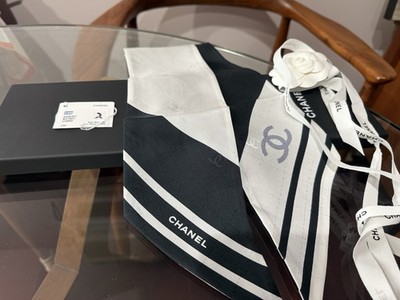 CHANEL 25B Ecru, Black & Gray CC Logo Silk Slim Bandeau Scarf | eBay