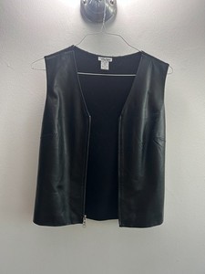 Birch Hill Vest Black Leather Front Zip Back Knit Wool Panel Front Lined Size S