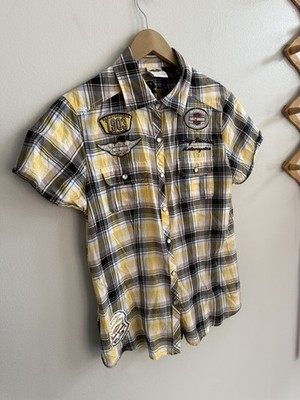 Harley Davidson Pearl Snap Plaid Button Up Shirt Patches Embroidered Women s M
