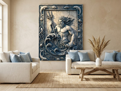 Poseidon Stone Relief Canvas Wall Art | Greek God Ocean Waves Print | Blue Silve