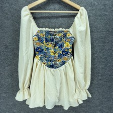 SheIn Mini Dress Women XS Beige Floral Short Square Neck Zipper Long Sleeve