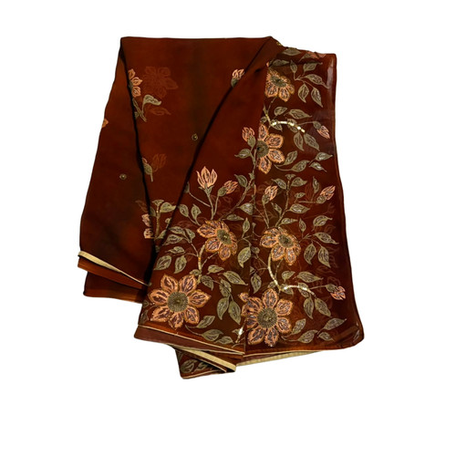 Indian Vintage Georgette Saree Dress Women Wrap Floral Printed Sewing Brown Sari