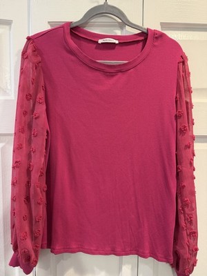 Women's Medium Fuscia Newchoice Pullover Top With Sheer Sleeves Polka Dot Detail
