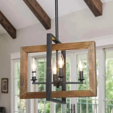 LNC 4-Light Pine Wood Candlestick Chandelier with Black Steel Frame