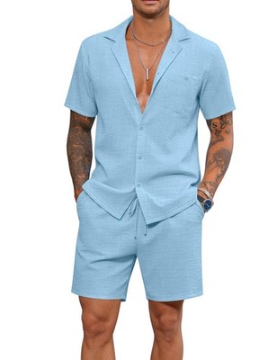 LecGee Men's Men's 2 Piece Outfits Summer Casual Short Sleeve Button Down Shi...
