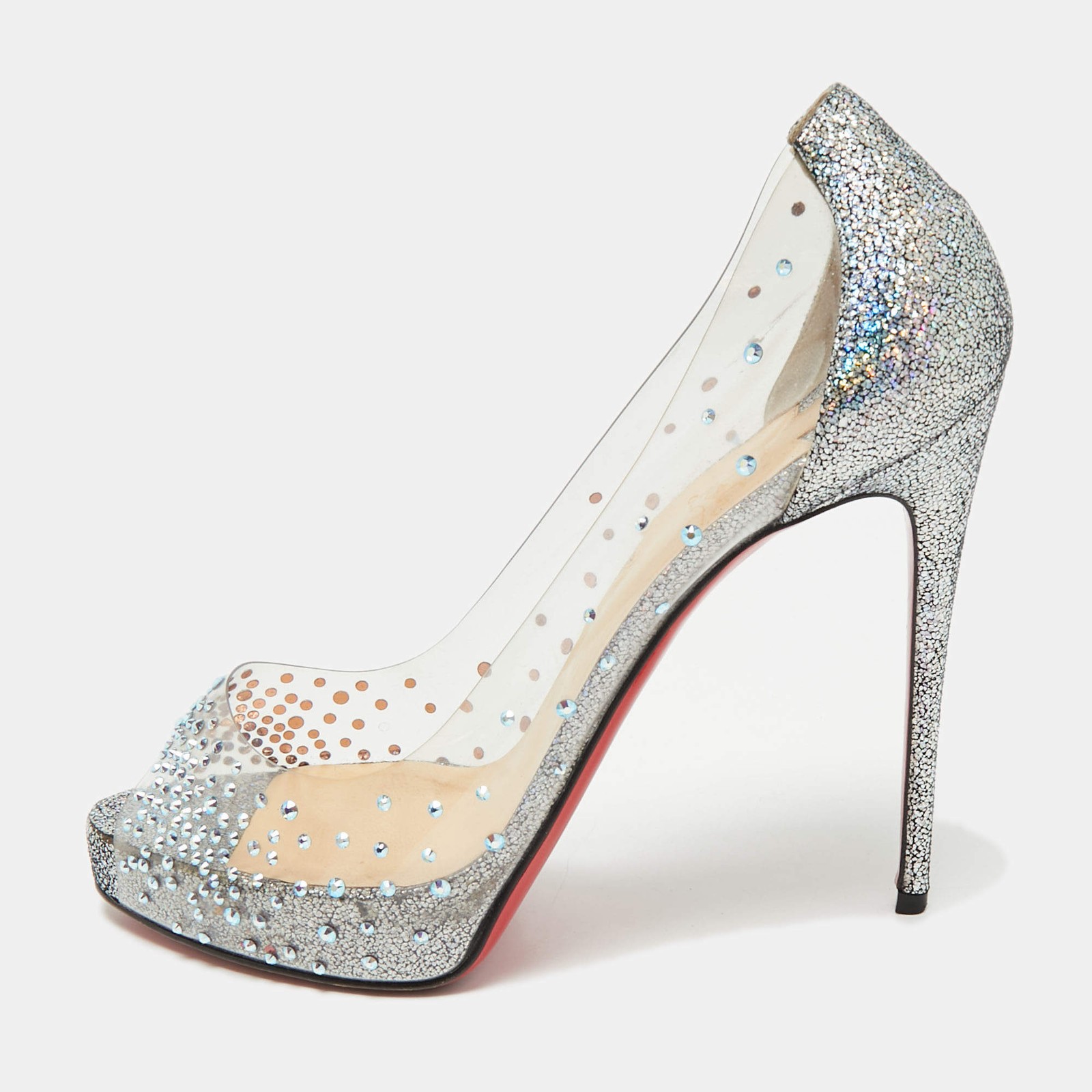 Christian Louboutin TransparentBlue PVC and Glitter Suede Very Strass Peep Toe