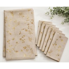 NWT Colordrift Deluxe Gold Metallic Leaf Floral Tablecloth  6 Napkins Set