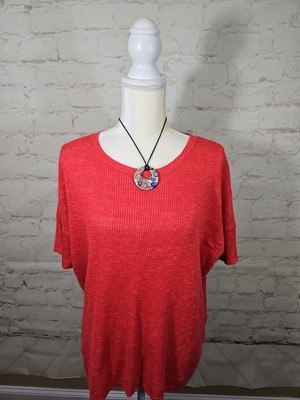 EILEEN FISHER Top L Linen Round Neck Lagenlook Sweater Boxy Orange Open Knit