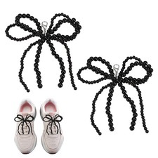 2 Pcs Pearl Bow Shoe Charm Double Pearls Bowknot Shoe Decoration, Black