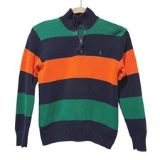 Polo Ralph Lauren VTG Striped Quarter Zip Sweater Green Orange Navy Boys M