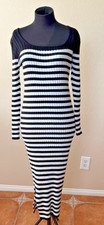 Striped Bodycon Square Neck Ribbed Knit Slit Midi Dress Size L Sweater Dress