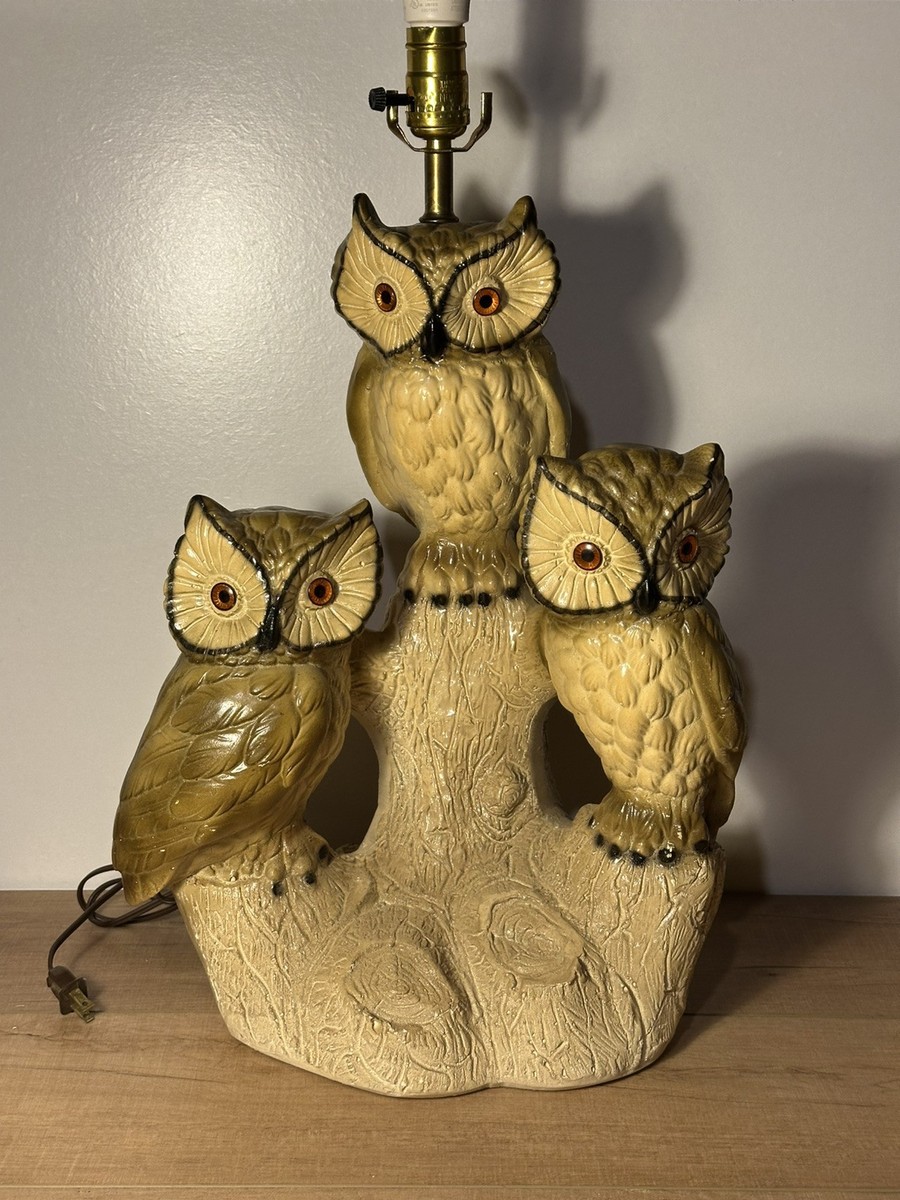 Vintage LARGE Mid Century 1970's Chalkware 3 Owls on Tree Branch