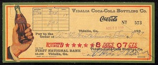 1931 Vidalia Coca Cola Bottling Co. Bank Check Vidalia GA w/ Color Art