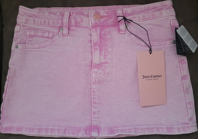 Juicy Couture Pink Denim Mini Skirt Rhinestone Logo Pockets Womens M