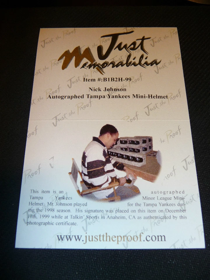 CASCO DEL EQUIPO DE LIGAS MENORES DE LOS TAMPA YANKEES FIRMADO POR NICK JOHNSON + VITRINA LUCITE Foto 3 de 3