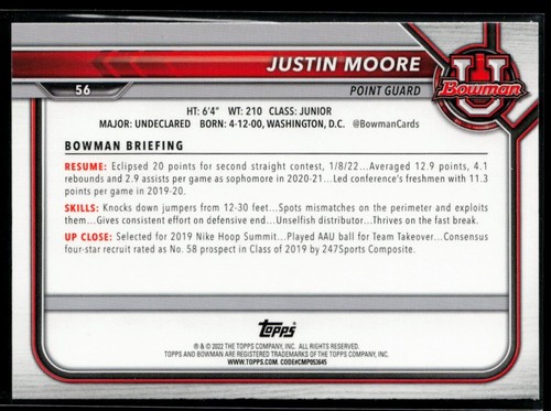 2021-22 Bowman University #56 Justin Moore *1st Bowman* - Picture 2 of 2