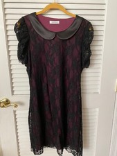 Yessica Magenta Lined Black Lace Sheer Sleeve Dress, Size Medium