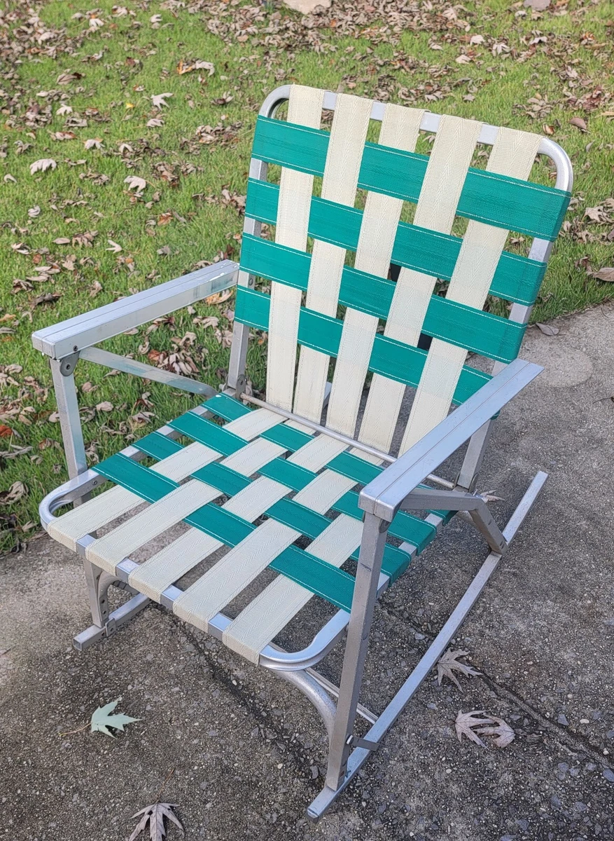 VTG Aluminum Folding Lawn Rocking Chair Arm Rest Nylon Webbing Green &  White