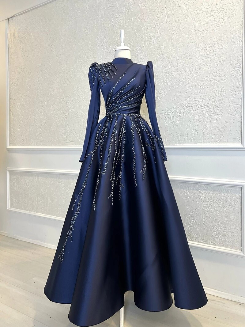 green emerald velvet dress [FINAL Sale]Luxury Moroccan Kaftan Blue Long Sleeve Evening Dress SS404