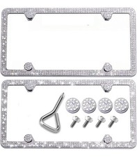 2pcs White Thin Diamond Bling Glitter Crystal Rhinestone License Plate Frame Car