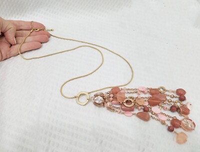 Muted Peach Pink Acrylic MOP Chunky Gold Tone Fringe Pendant Serpentine Necklace
