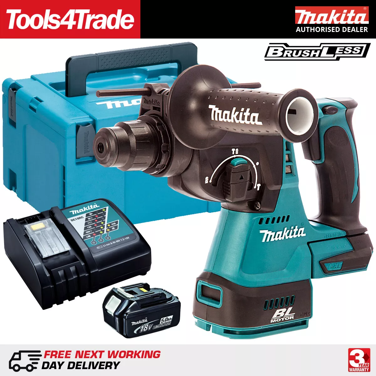 Makita DHR242Z 18V Brushless SDS Rotary Hammer 1 x 5Ah Battery Charger Case