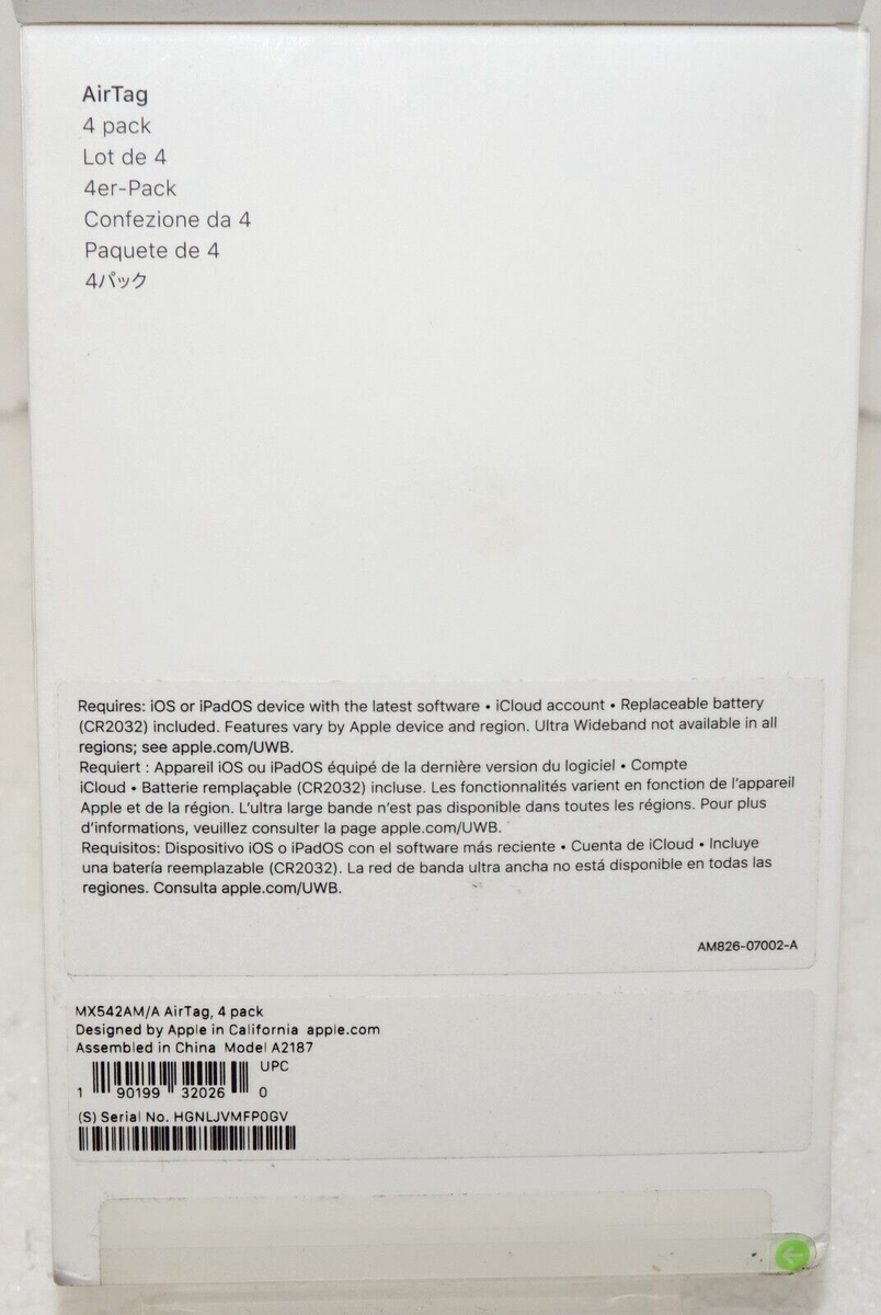 Apple AirTag Tracker 4 Pack MX542ZM/A A2187 (White) Air Tag