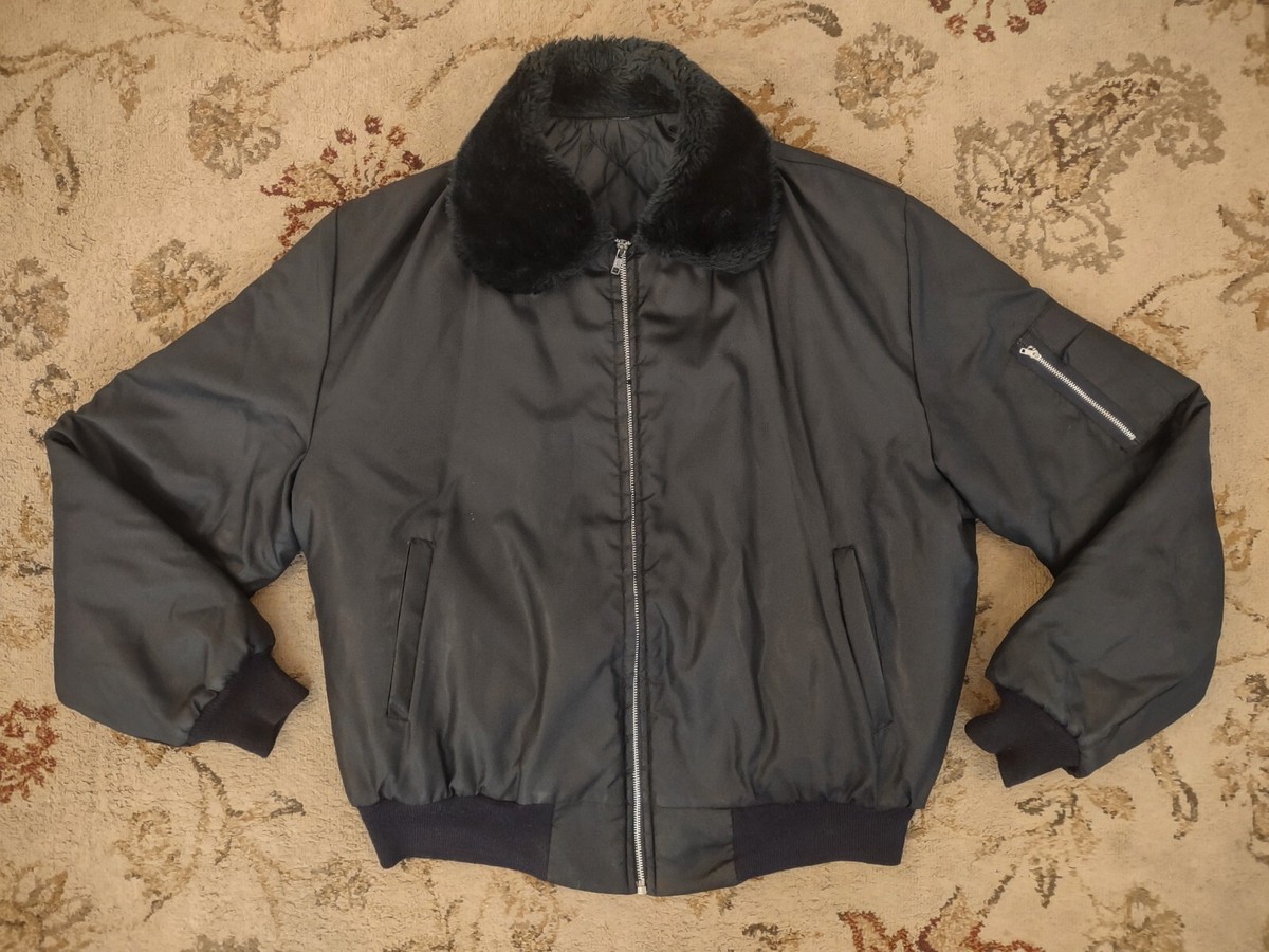 Vintage 80s Blue Nylon Wool Collared Blue Zipper Bomber Jacket