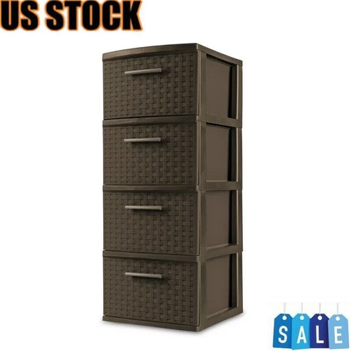 4 Drawer Weave Tower Storage Bins Basket Organizer Durable Plastic Espresso New