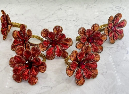 Set of 7 Pier 1 Floral  Metal Thread Beaded Jewel Tone Red Orange Napkin Rings