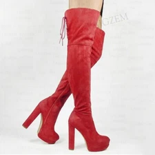 Women Platform Boots Over Knee Square High Heels Faux Suede Boots Ladies Shoes