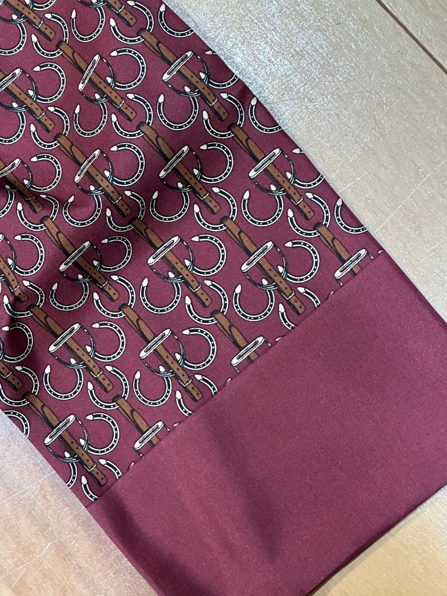 HERMES Ascot tie 100% silk Harness pattern France Wine red