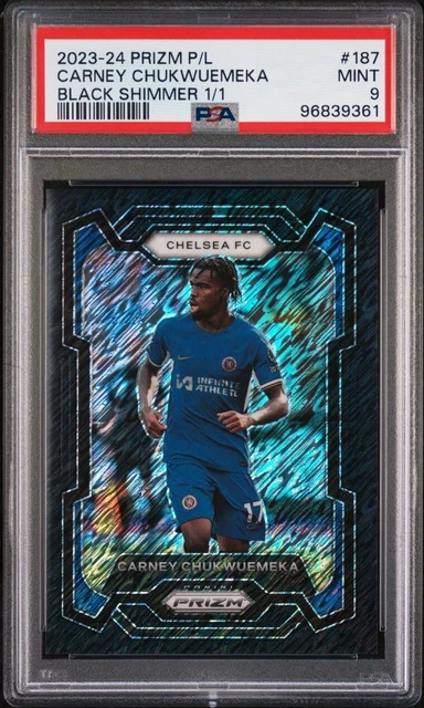 2023-24 Panini Prizm EPL #187 Carney Chukwuemeka Black Shimmer #1/1 PSA 9