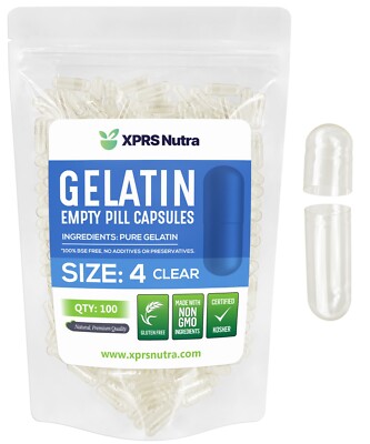 100 Empty Size #4 Clear Kosher Gelatin Capsules Pills USA Made FRESH Gelcaps!