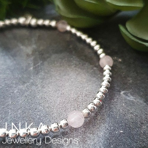 Inka 925 Sterling Silver 4mm Rose Quartz bead Stacking Bracelet with Inka charm - Picture 2 of 8