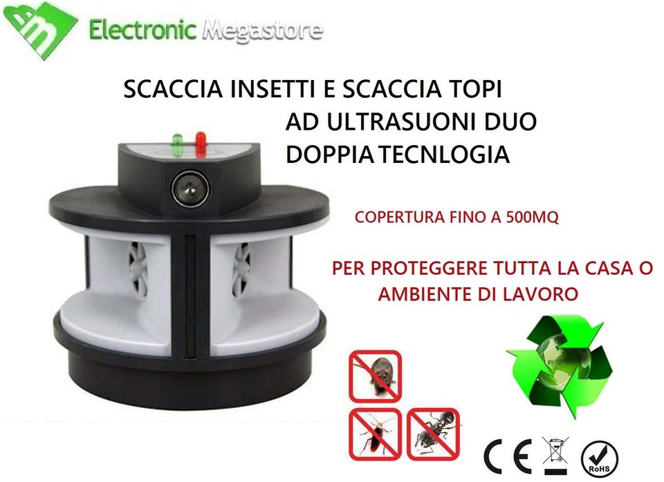 MKC-GBC SCACCIA INSETTI E TOPI AD ULTRASUONI ECOLOGICO DUO PRO-PESTREPELLER - NUOVO