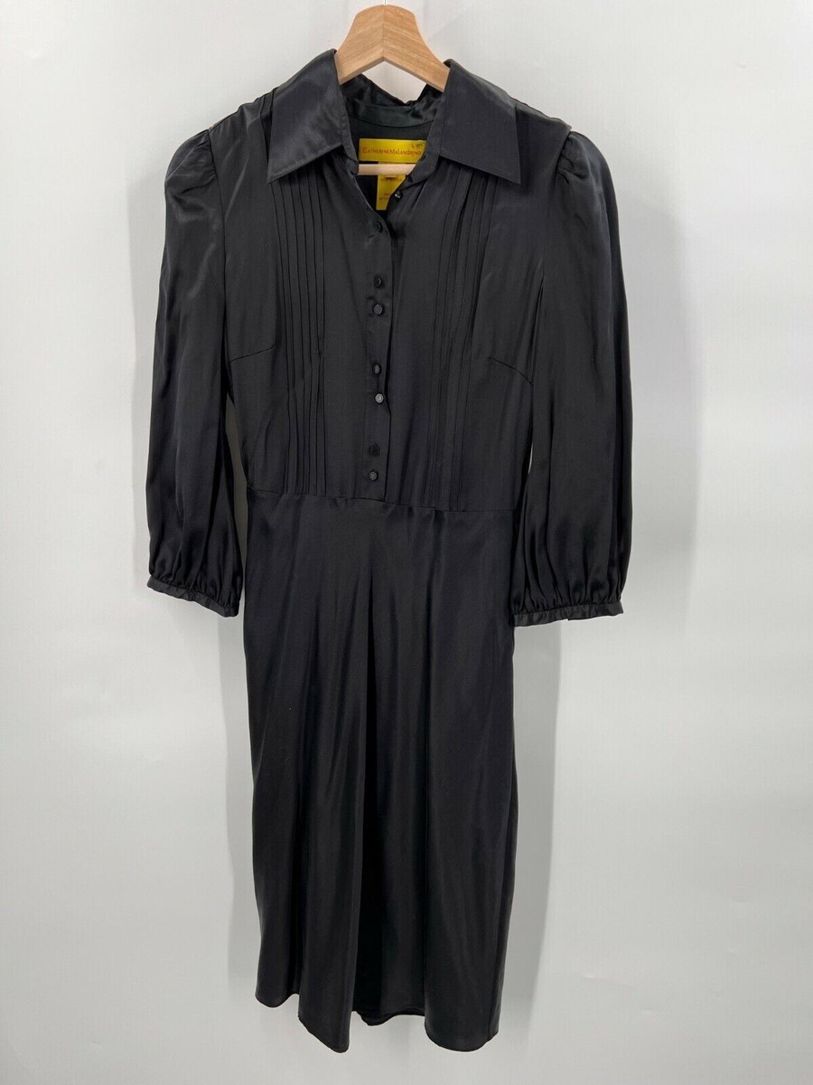 catherine malandrino shirt dress Catherine Malandrino Silk Satin Shirt Dress Black Button Front Womens Size 6