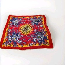 Large Polyester Scarf Red, Blue And Yellow Floral 34 X31 Hand Rolled Edge Vtg
