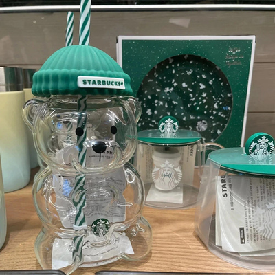 #ad Starbucks Bearista Bear **Glass** Jar Cold Cup with Straw Thick Glass 20 oz $19.99