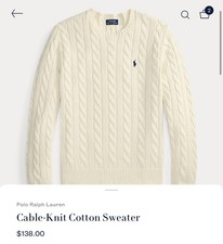 NEW Polo Ralph Lauren Men  s Beige Cotton CableKnit Sweater. Size XS RETAILS 138