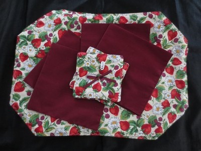 12-Pc. NEW Handmade REVERSIBLE Padded PLACEMAT, NAPKIN, COASTER SET - 17'' x 12''