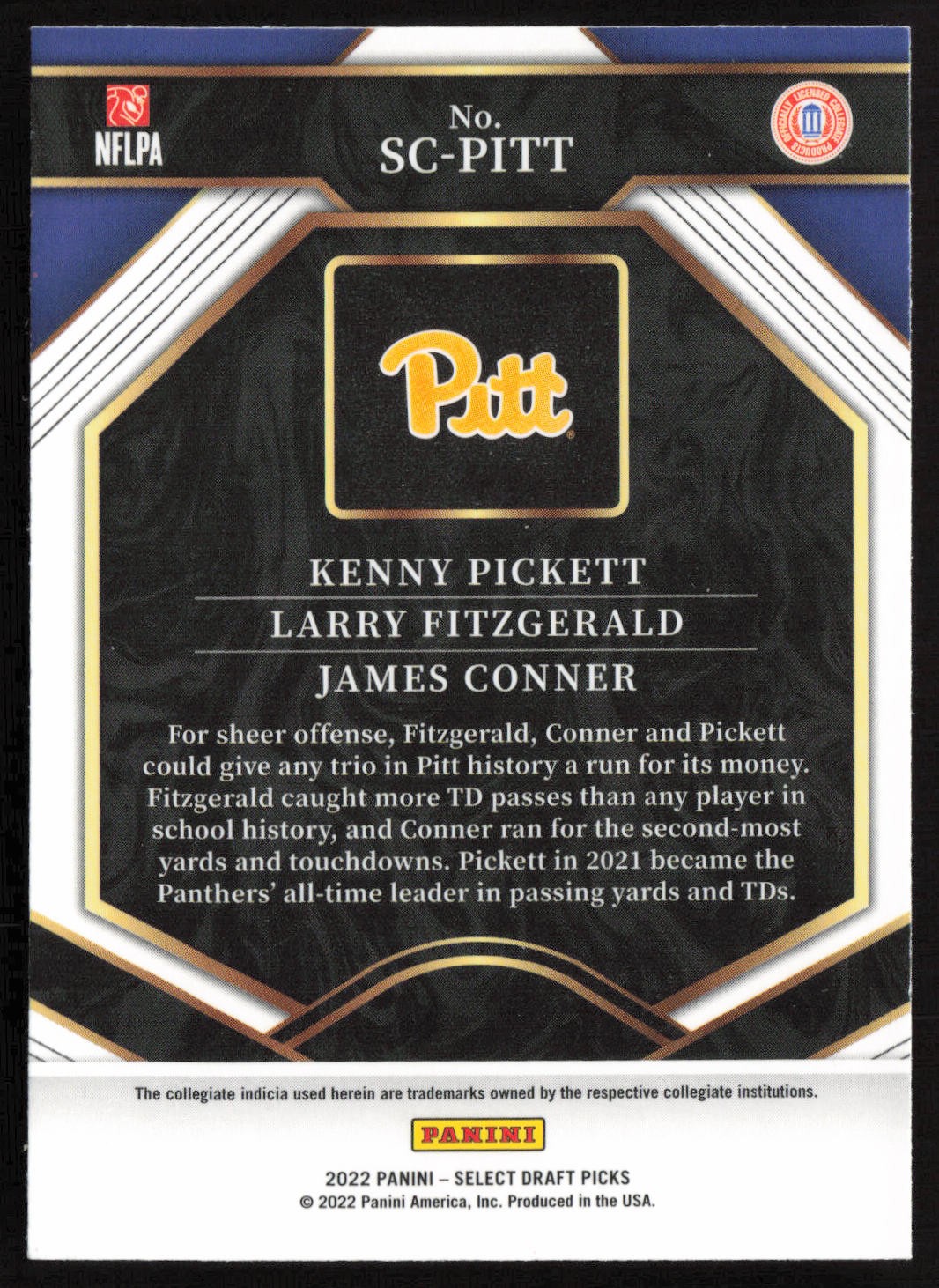 2022 Panini Select Draft Picks #SC-PITT J Conner / K Pickett / LFitzgerald