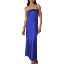 Realtix Satin Backless Tube Top Long Dress Elegant Sapphire Blue Size Small NWT
