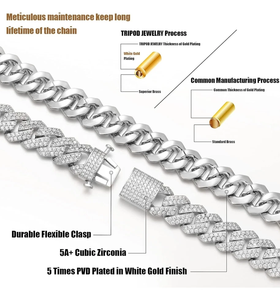 Cadena de eslabones cubanos de diamantes helados completos de 15 mm - Hip Hop oro blanco o 18 quilates...  Foto 2 de 4