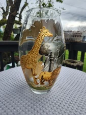 Hand Painted Gilded African Animals Vase Italy Artist Signed Amedeo Piantavigna